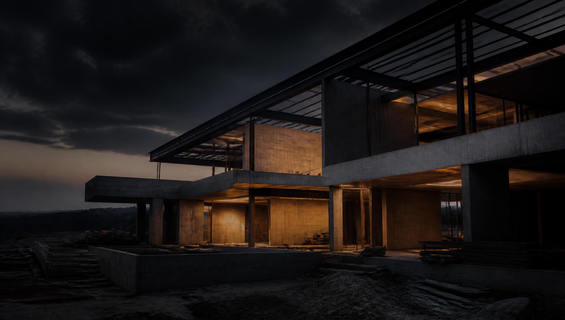 Modern architectural construction at dusk with warm structural lighting